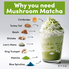RYZE Matcha - with 6 Organic Adaptogenic Mushrooms Grown In USA and Ceremonial-Grade Japanese Matcha - Easy Set