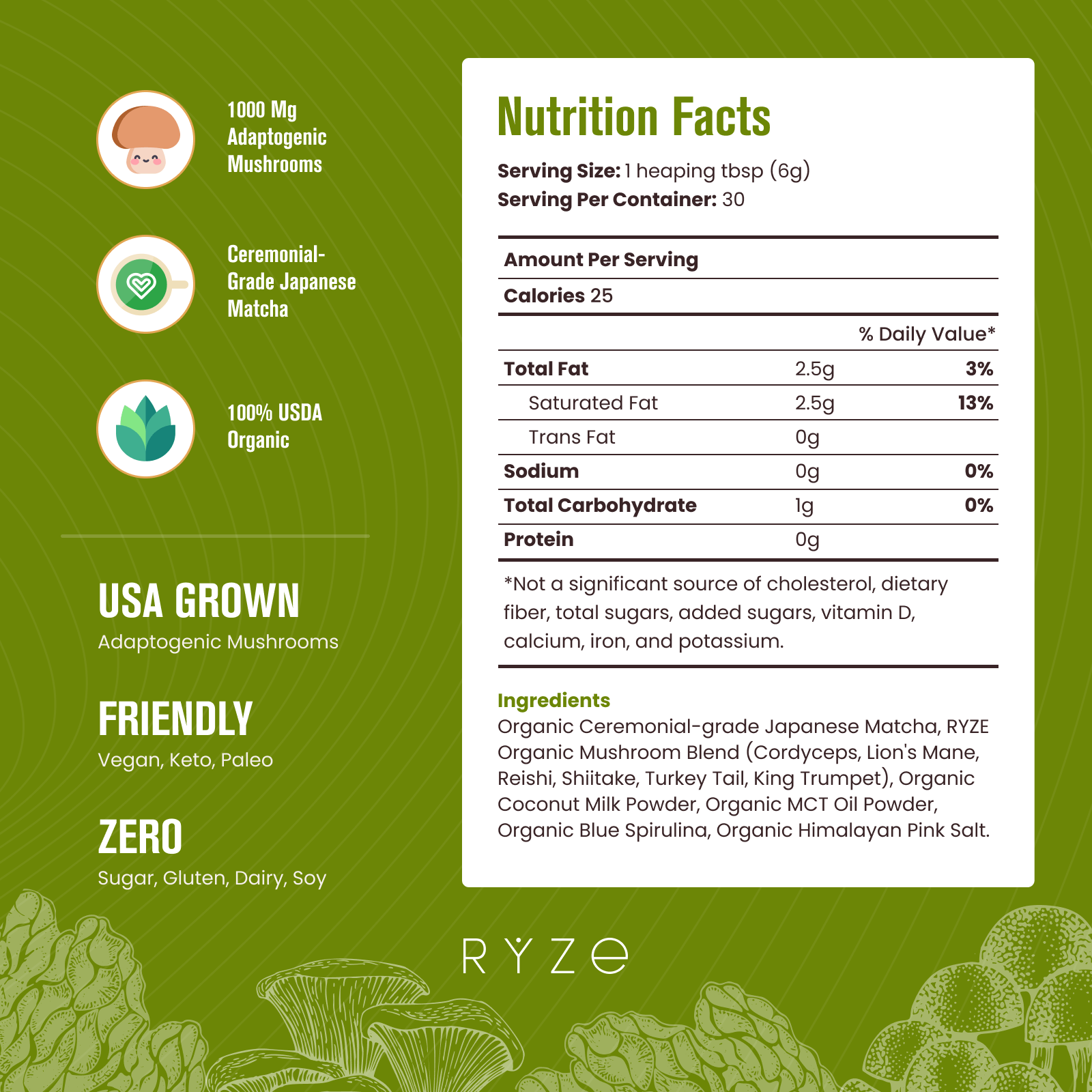 RYZE Matcha - with 6 Organic Adaptogenic Mushrooms Grown In USA and Ceremonial-Grade Japanese Matcha - Easy Set